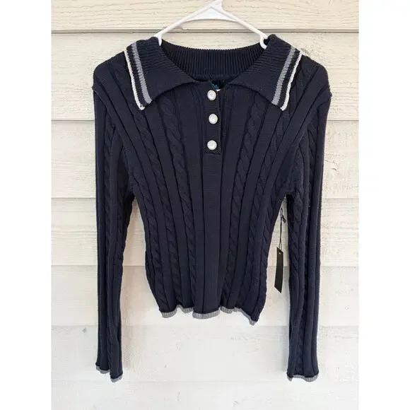 Alice Blue Navy Cable Knit Collared Sweater Juniors Size S Preppy Button Front - Picture 2 of 8
